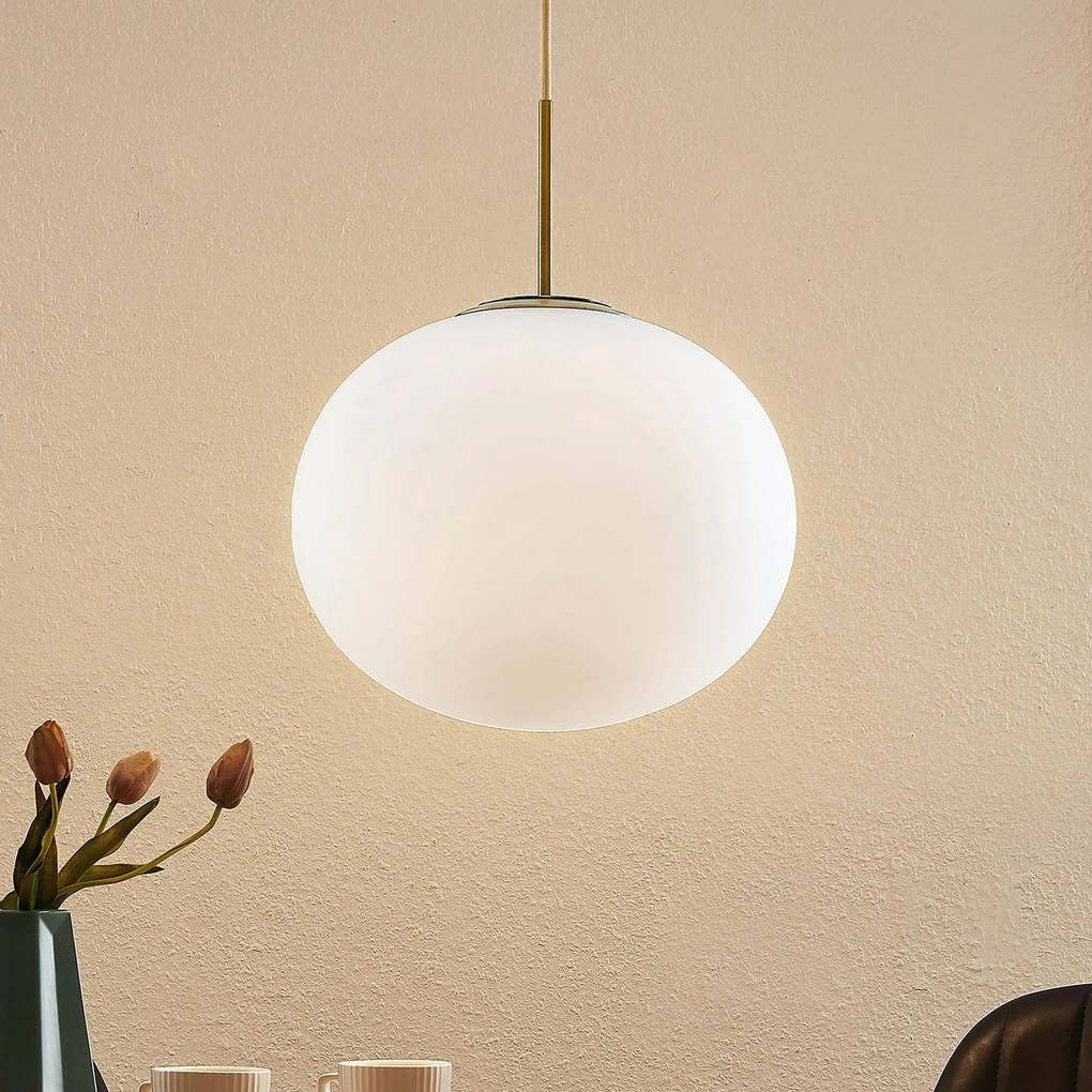 Lampada a sospensione Lindby Noana, ottone antico, vetro opalino/metallo