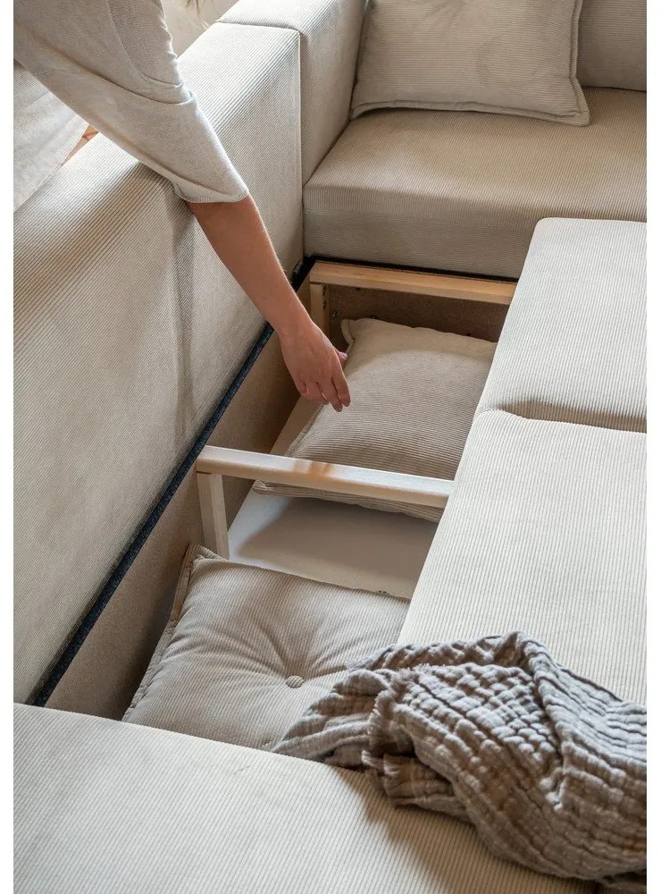 Divano letto angolare in velluto a coste beige (angolo destro a forma di U) Lazy Lukka - Miuform