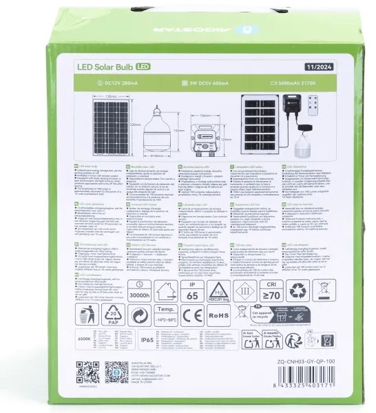 Aigostar - Lampadario solare LED con sensore LED/35W/12V 3000 mAh 6500K diametro 10 cm