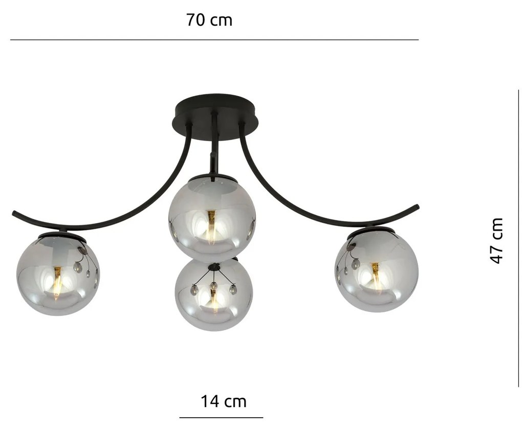 Plafoniera Moderna 4 Luci Boston In Acciaio Nero E Diffusori In Vetro Fumè