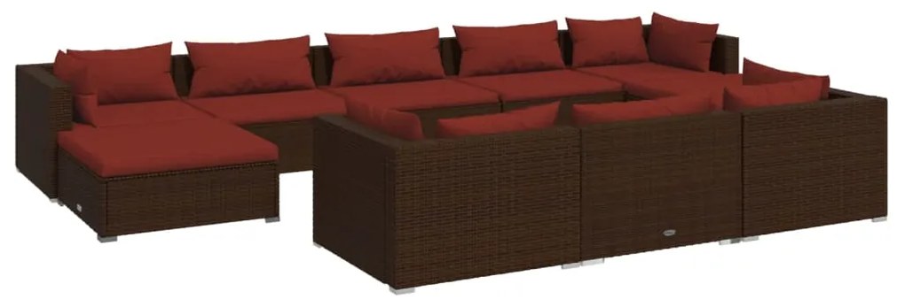 Set Divani da Giardino 10 pz con Cuscini in Polyrattan Marrone