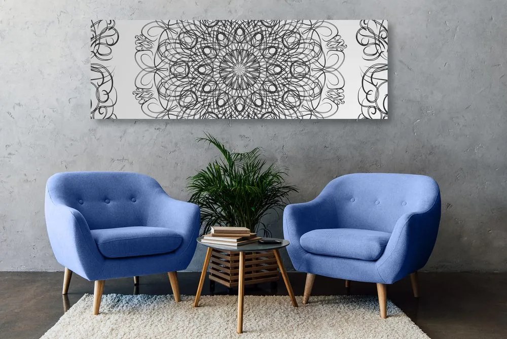 Stampa su tela – Mandala floreale astratta in bianco e nero