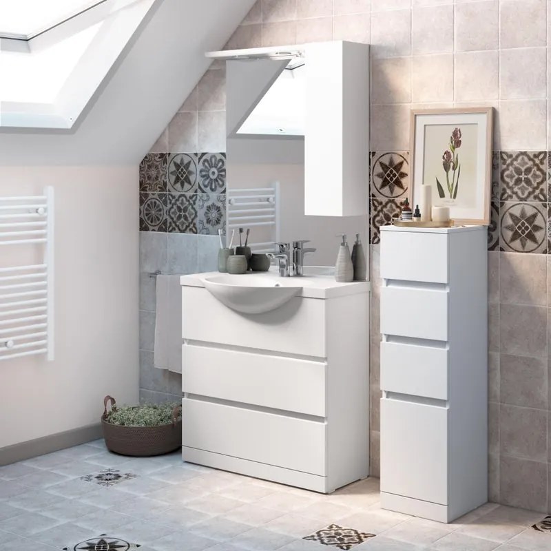 Mobile bagno da terra con lavabo L 80 x H 190 x P 33.5 cm bianco lucido 2 cassetti per vasca centrale Elise