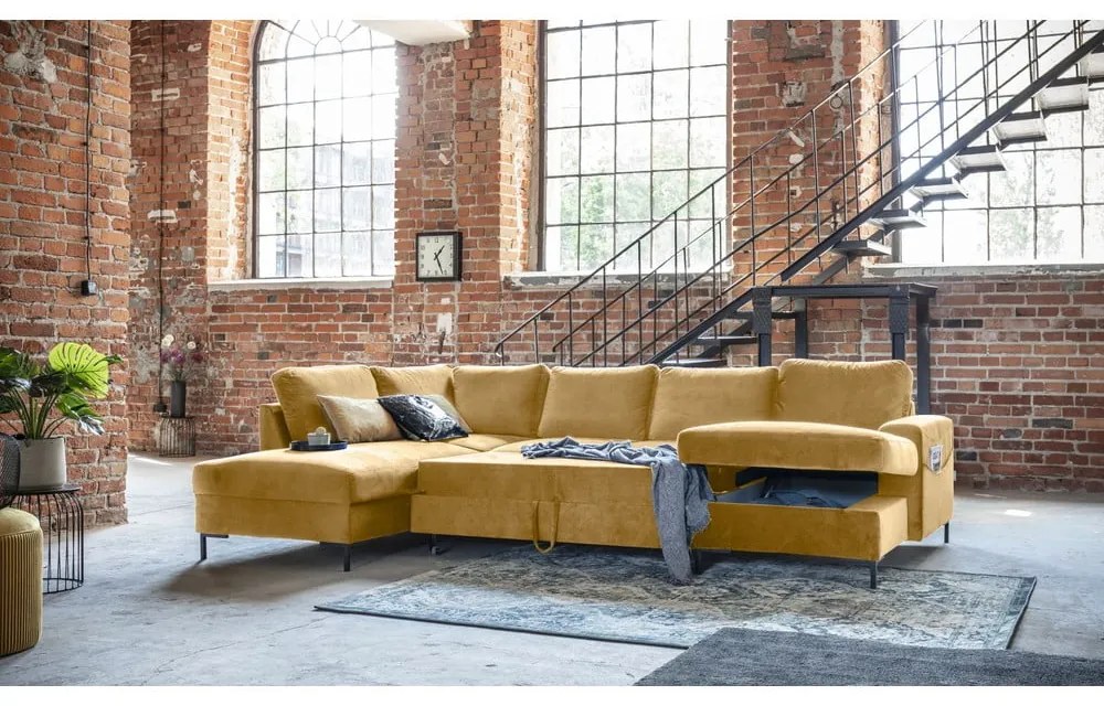 Divano letto a U in velluto giallo senape, angolo sinistro Lofty Lilly - Miuform