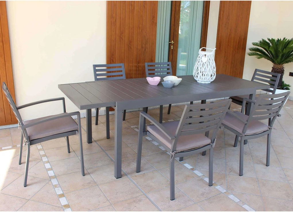 DEXTER - set tavolo in alluminio cm 160/240 x 90 x 75 h con 6 poltrone Dexter
