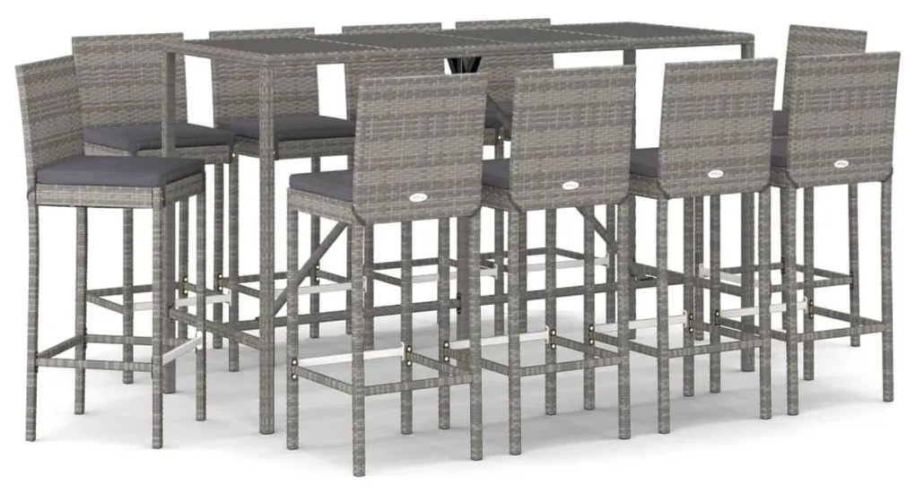 Set bar da giardino 11 pz con cuscini in polyrattan grigio