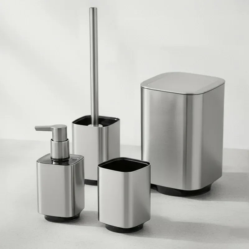 Set accessori bagno con dispenser e porta spazzolino color argento satinato e nero Lumina