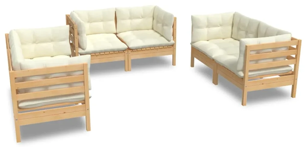 Set divani da giardino 6 pz con cuscini crema in massello di pino