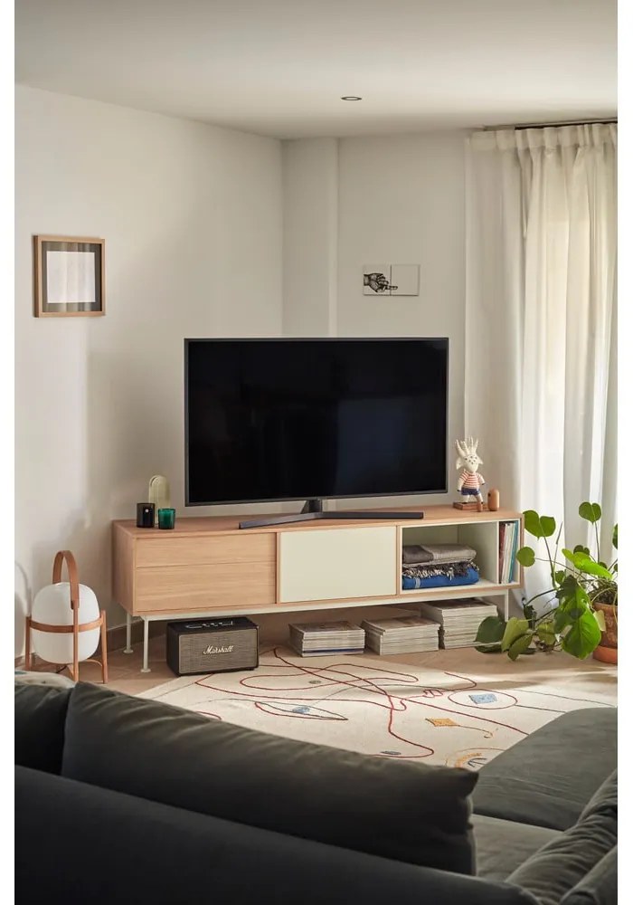 Cassettiera TV bianco crema con impiallacciatura in rovere Yoko - Teulat