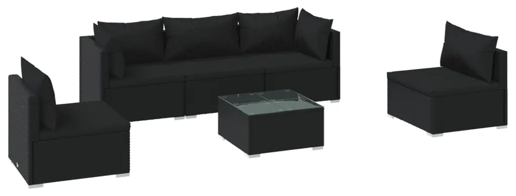 Set Divani da Giardino 6 pz con Cuscini in Polyrattan Nero