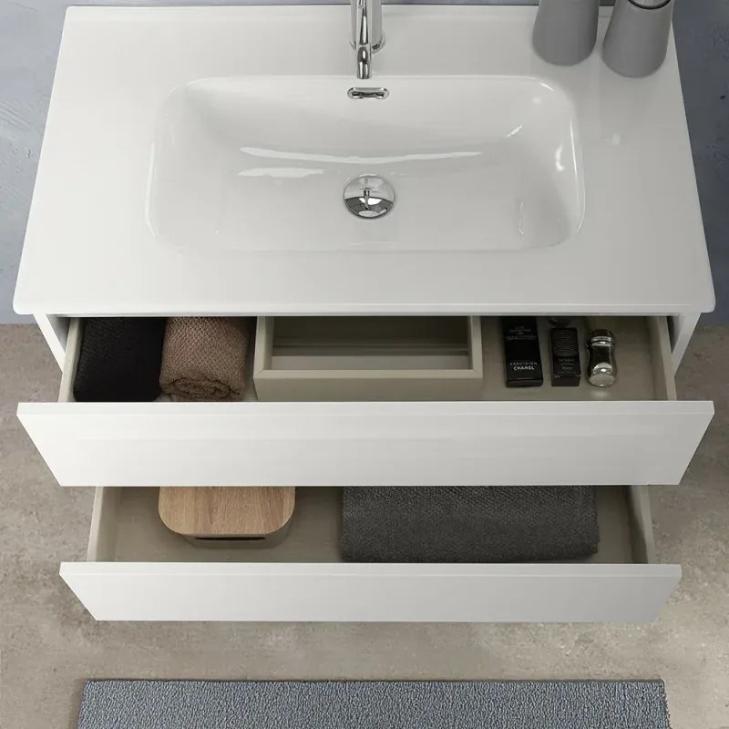 Mobile bagno sospeso 100 cm in legno bianco lucido 2 cassettoni con lavabo e specchio Leda