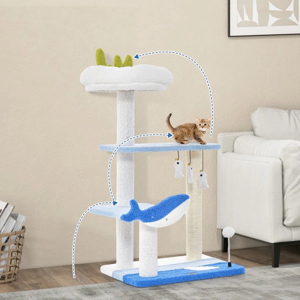 Costway Albero per gatti a tema oceanico con pali tiragraffi rivestiti in sisal, Torre per gatti a 3 livelli 49x38x86cm Blu