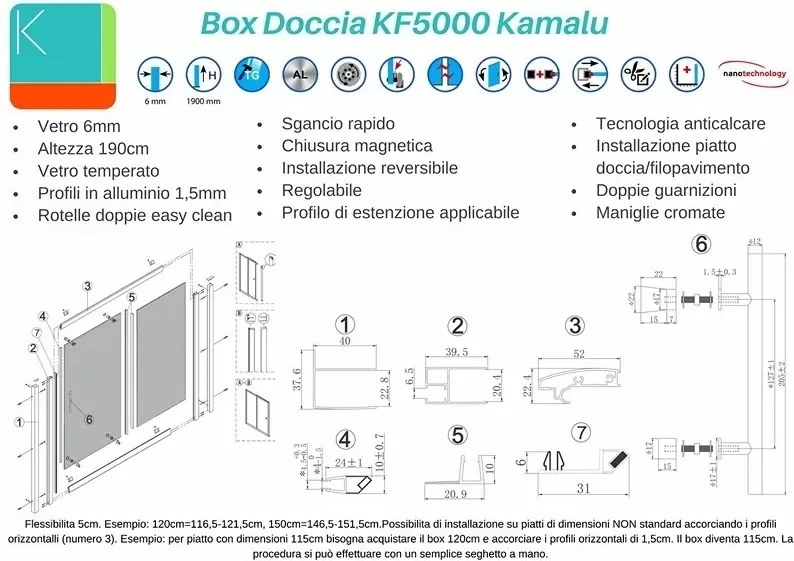 Nicchia doccia 120cm vetro satinato anticalcare KF5000 - KAMALU