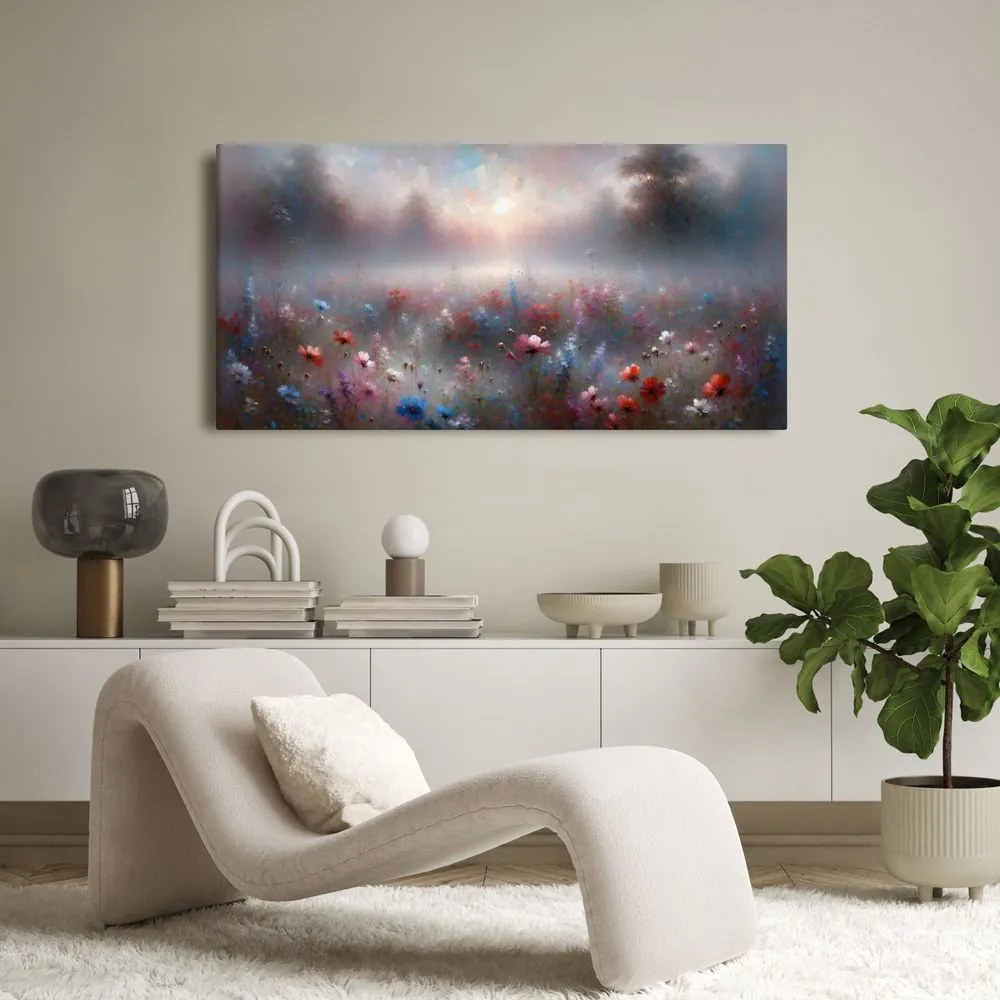 Quadro su tela – Nebbia mattutina sopra i fiori