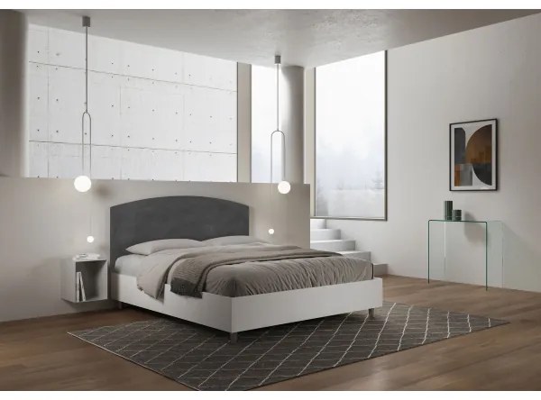 Letto contenitore da 160x190 in legno bianco e testata in microfibra grigio Antilia