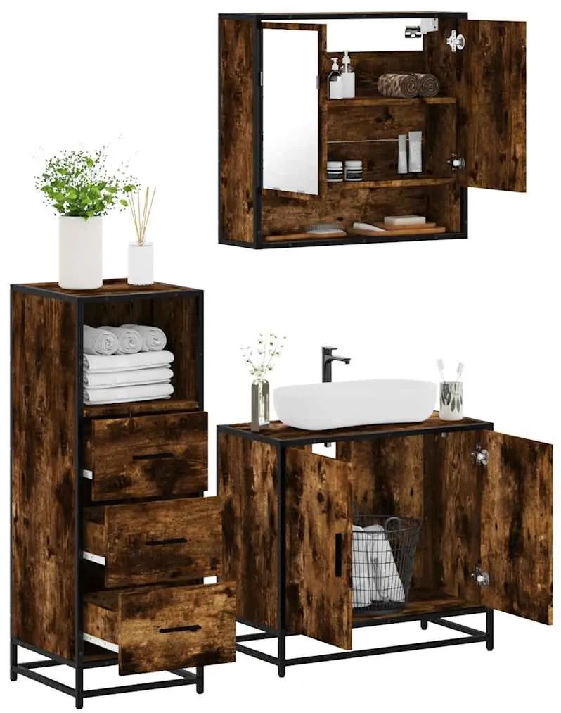 Set Mobili Da Bagno 3 Pz Rovere Fumo İn Legno Multistrato /