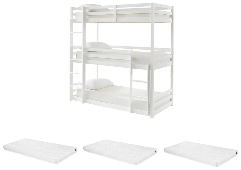 Letto a castello triplo 3 x 90 x 200 cm Abete Bianco + Materasso - VAGAR