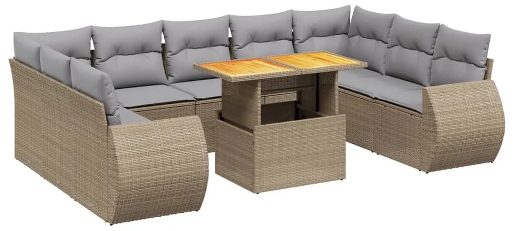 Set divano da giardino 10 pz con cuscini beige in polyrattan