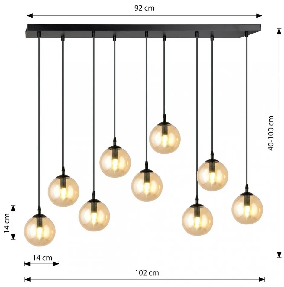 Lampadario a Sospensione in Acciaio e Vetro COSMO 9 Nero 9xE14 Colore delle Sfere Ambrate