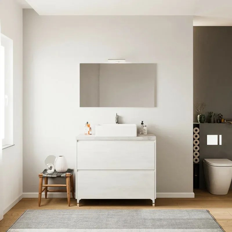 Mobile bagno a terra 80 rovere bianco top cenere con specchio LED Lisbona