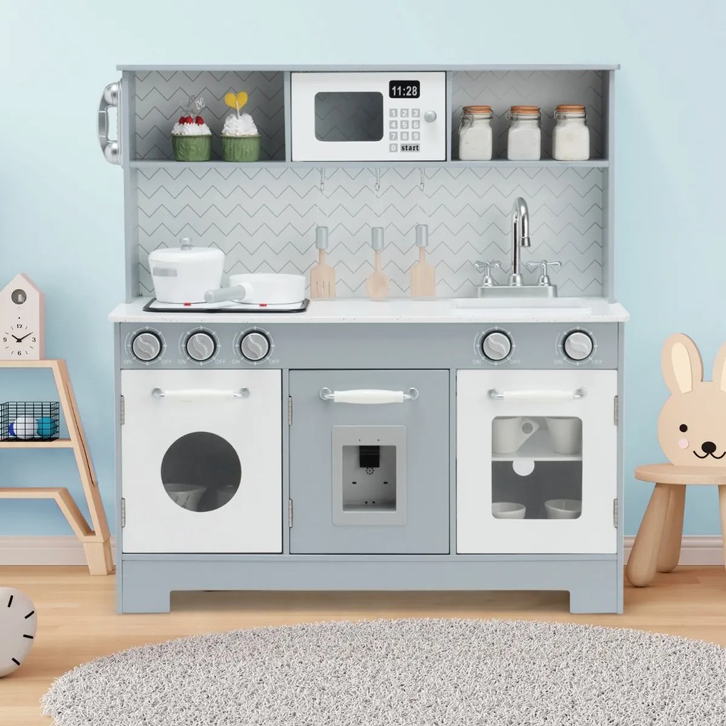 Costway Cucina giocattolo in legno per bambini con utensili accessori lavandino telefono, Set di cucina finta Grigio