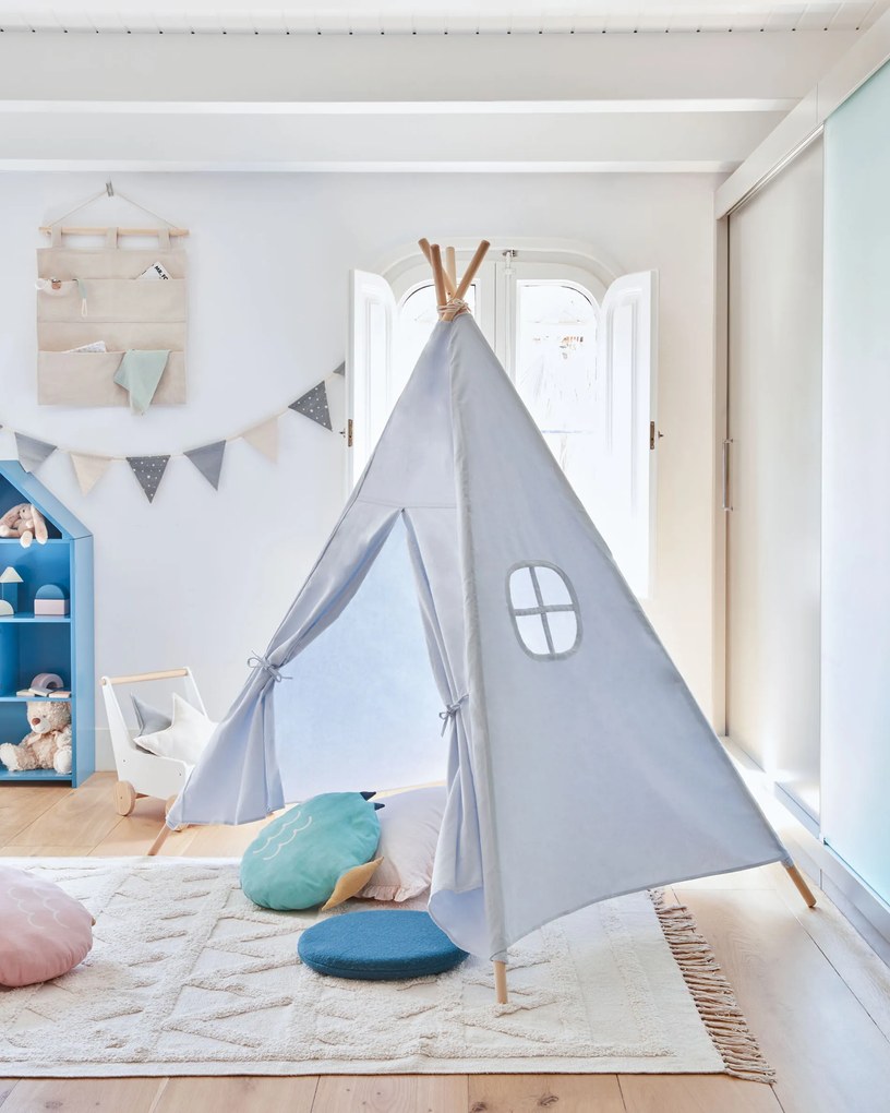 Kave Home - Tipi Darlyn 100% cotone blu e gambe in legno massello di pino
