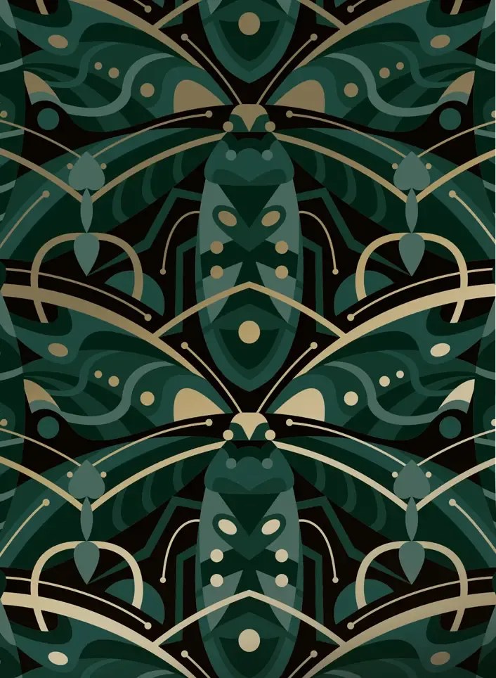KEK Amsterdam Tapete Art Deco Animaux Beetle Gold - Green
