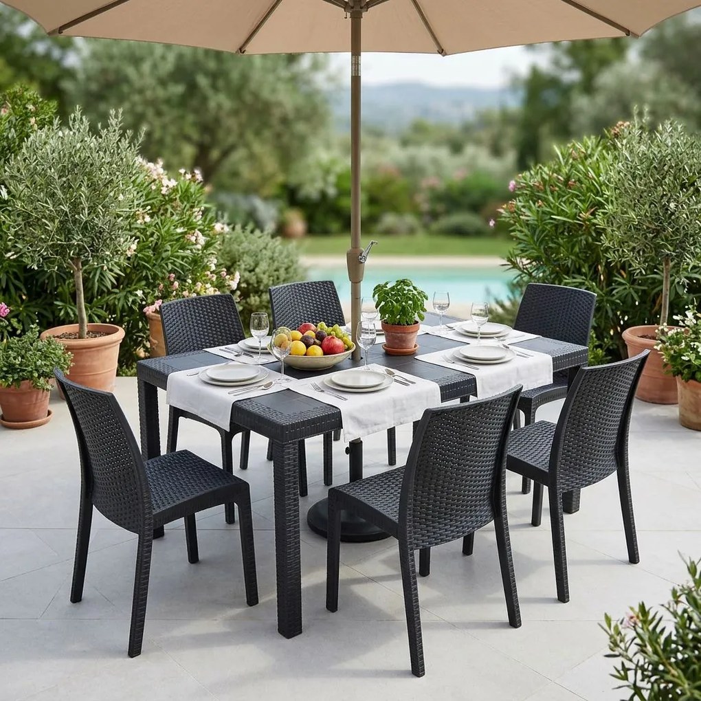 CALIGOLA - set tavolo in resina effetto rattan cm 150 x 90 x 74 h con 6 sedie Alma
