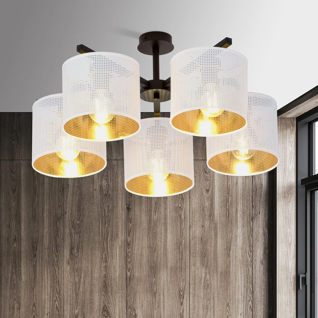 Plafoniera Industrial 5 Luci Cigno In Acciaio Bianco E Paralumi A Cilindro Oro
