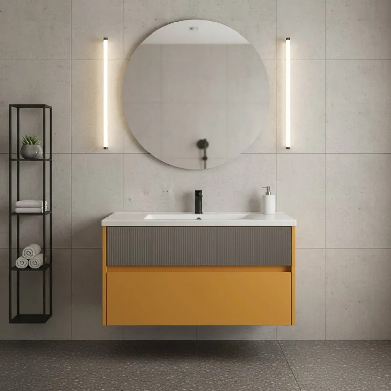 Mobile da bagno sospeso sotto lavabo Niwa 2 cassetti L 89.5 x H 50 x P 45.5 cm senape e grigio cannettato