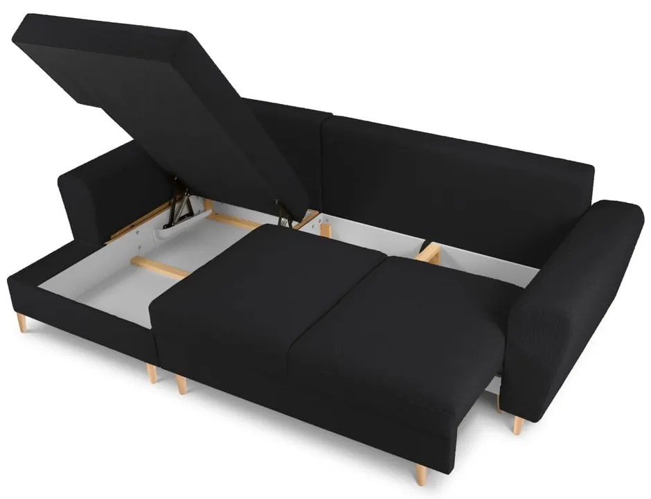 Divano angolare nero allungabile e con contenitore (con penisola a sinistra/con chaise lounge) con rivestimento in bouclé Kyoto – Cosmopolitan Design