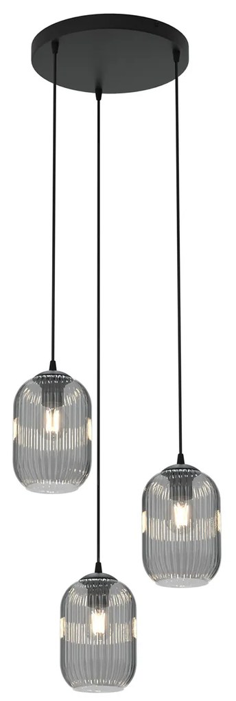 Lampadario 3 Luci Selene Base Tonda In Acciaio Nero E Vetri Plissettati Fumè