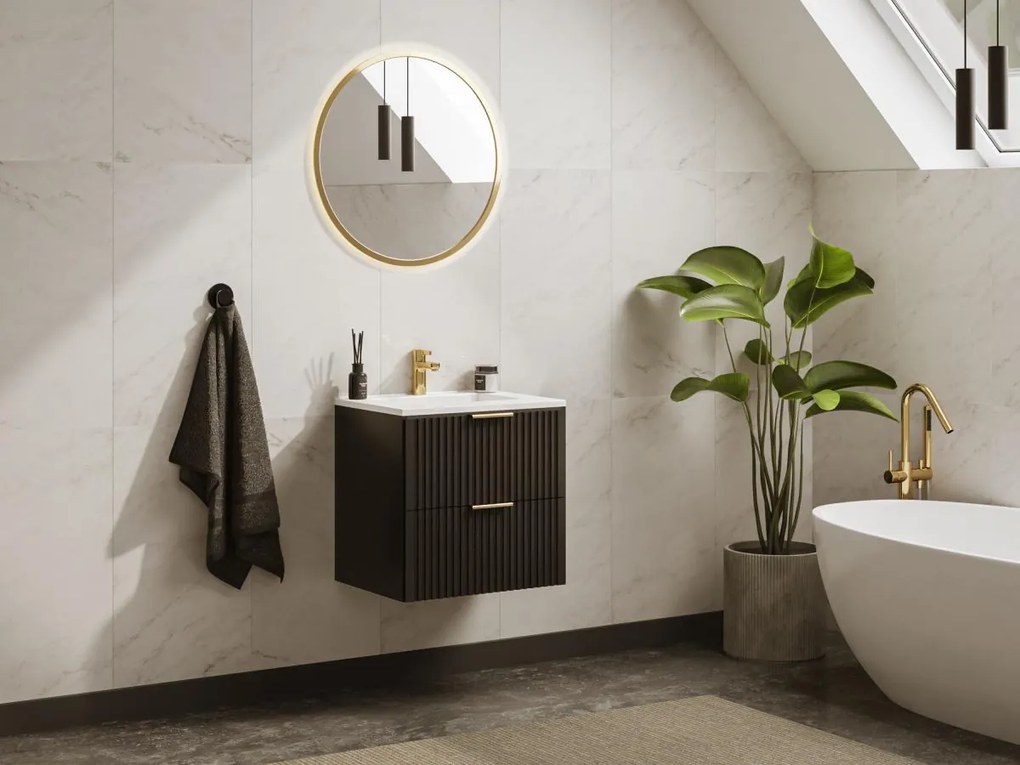 Mobile per bagno sospeso con scanalature e lavabo da incasso 60 cm Nero - ZEVARA