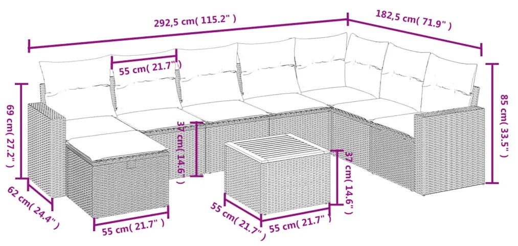 Set Divani da Giardino 9 pz con Cuscini Nero in Polyrattan