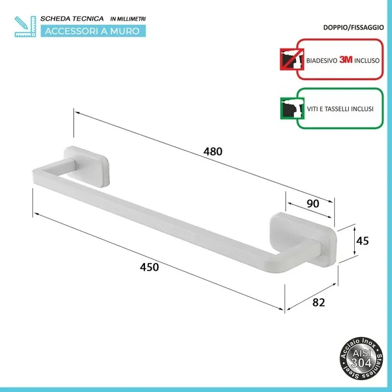Set 4pz con appendino, porta rotolo e 2 porta salviette a muro in acciaio bianco Cubik