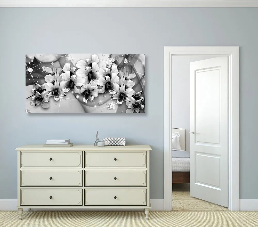 Stampa su tela – Fiori in bianco e nero su sfondo astratto