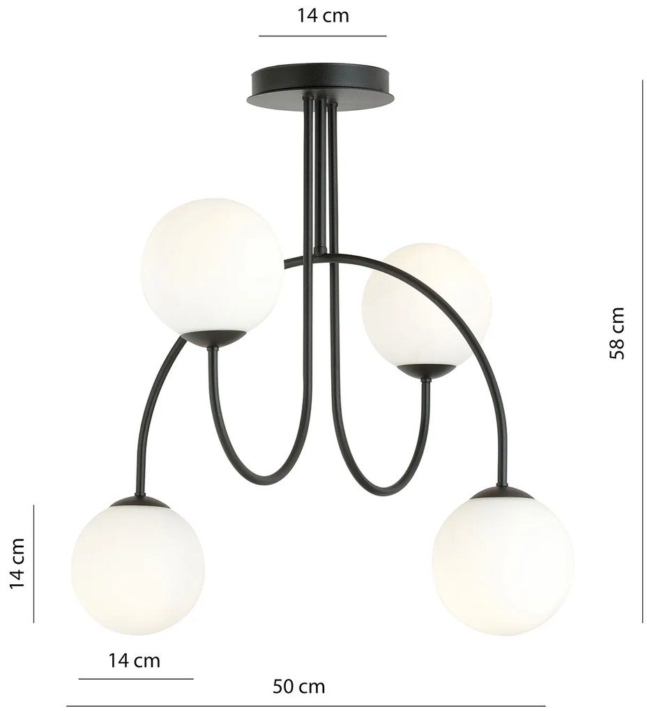 Plafoniera Moderna Utu 4 Luci In Acciaio Nero E Vetro Bianco 50 Cm