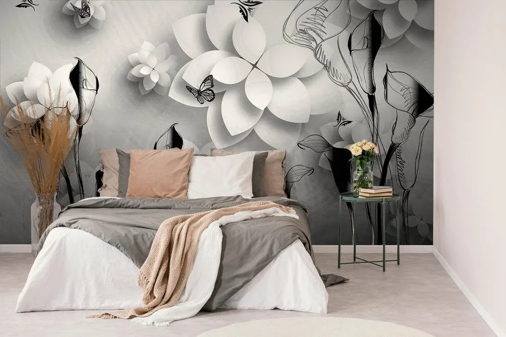 Carta da parati – Fiori astratti in bianco e nero