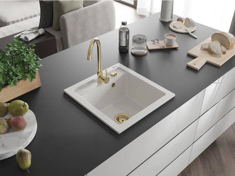 Mexen Vito lavello da cucina in granito 1-vasca 520 x 490 mm, bianco, sifone dorato - 6503521000-20-G