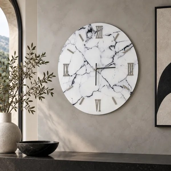 Orologio rotondo D65 cm in vetro temperato effetto marmo Bianco - LICOY