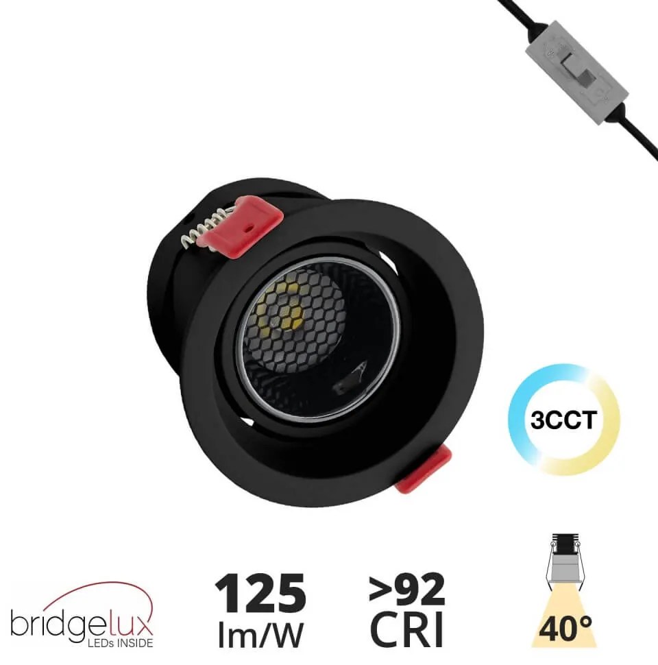 Faro LED da Incasso 12W, Orientabile CRI92 Foro 75mm, Nero, CCT UGR11 Colore Bianco Variabile CCT