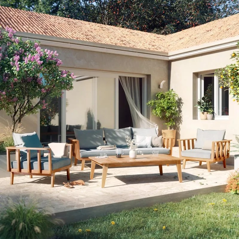 Salotto da giardino Belem NATERIAL in n/a marrone con cuscini in poliestere grigio per 5 persone