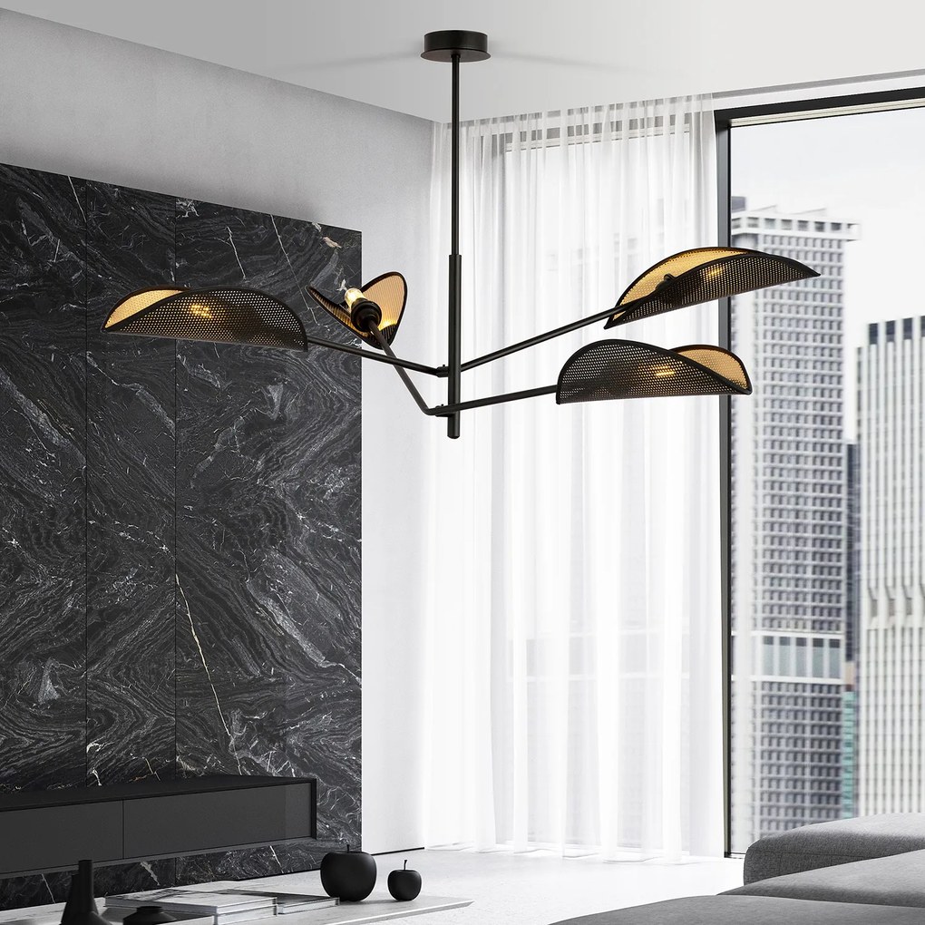 Lampadario 4 Luci Eridano In Acciao Nero E Oro Con Bracci Mobili