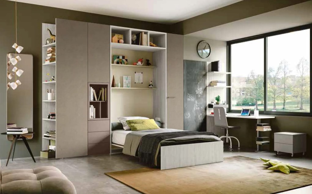 Letto - armadio a scomparsa in bronzo, argilla e bianco