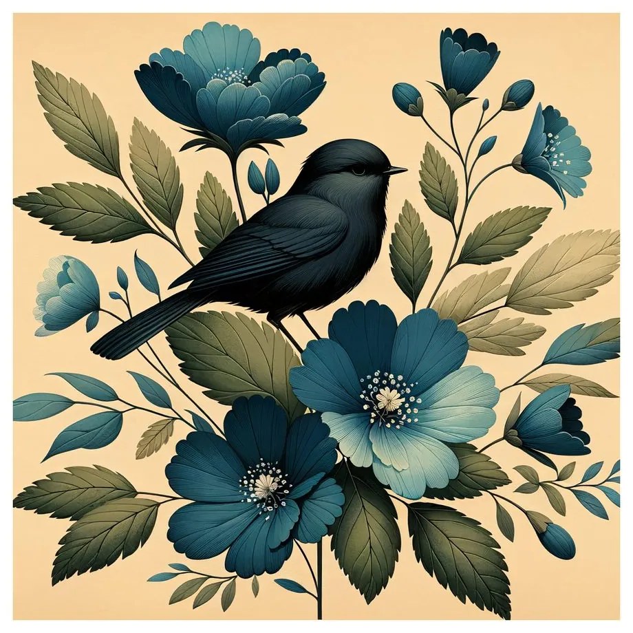 Quadro su tela – Uccellino su ramo con fiori blu