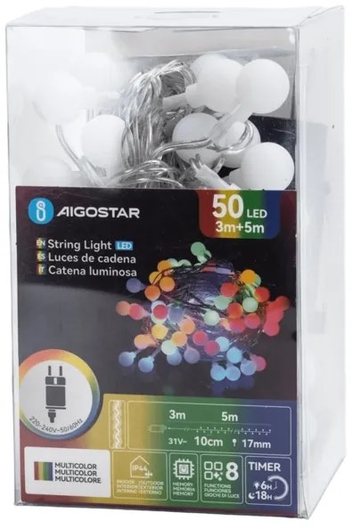 Aigostar - Catena luminosa LED RGBY per esterni 50xLED/3,6W/230V/8 funzioni 5m IP44