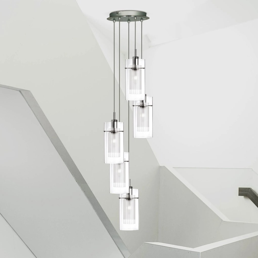 Lampadario Contemporaneo Duo 1 Acciaio Argento Vetro Cromo 5 Luci E14