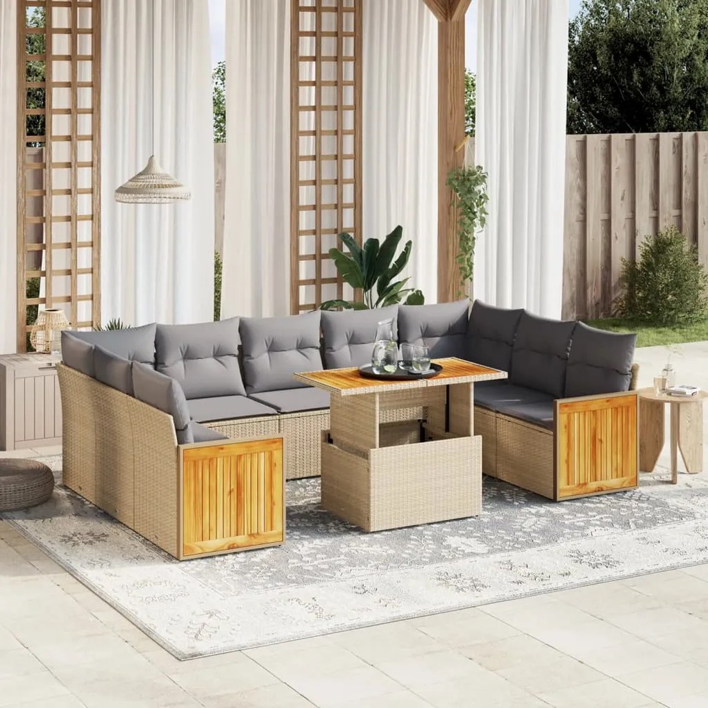 Set divano da giardino 10 pz con cuscini beige in polyrattan