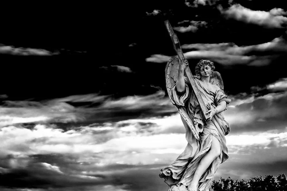 Stampa su tela – Angelo con croce in bianco e nero
