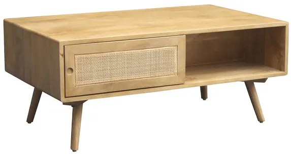 Tavolino da salotto rettangolare con ripiani in legno massello di mango e motivo a intreccio in rattan L100 cm ACANGE